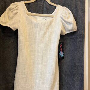 By Debra - Girls Square Neck Puff Sleeve Dress - Ivory w/ metallic threads, L-14